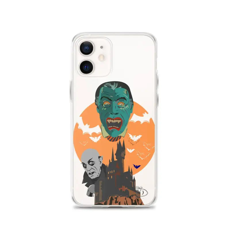 Clear case featuring vintage horror artwork with vampires, bats, and a spooky castle