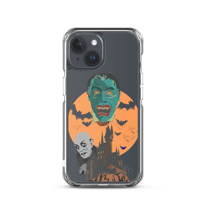 Vintage horror artwork on a clear case featuring zombie faces and bats against an orange moon