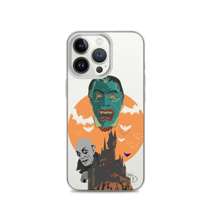 Clear case showcasing vintage horror artwork with monster faces and bats on an orange moon