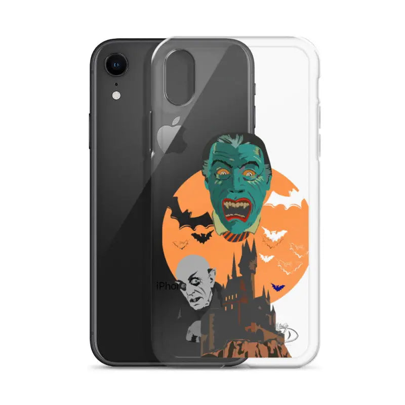 Clear case featuring vintage horror artwork with vampires and bats against an orange moon