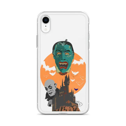 Clear iPhone case with vintage horror zombie artwork against an orange moon backdrop