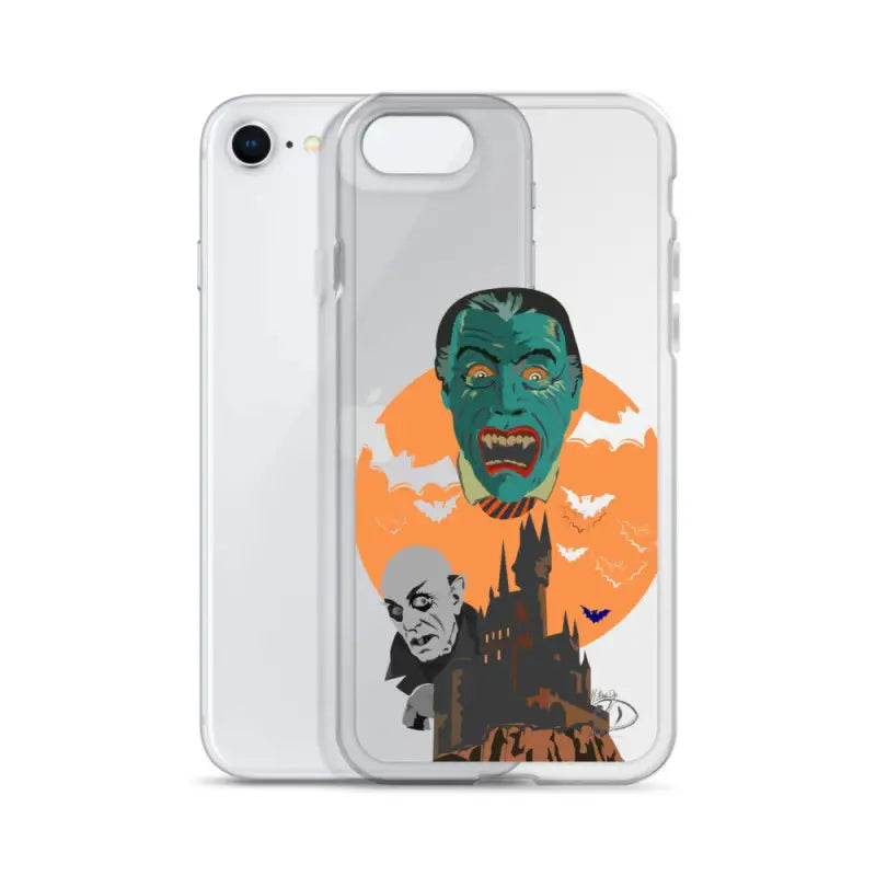 Clear case featuring Halloween-themed vintage horror artwork with monsters and bats