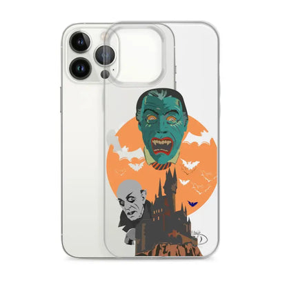 Clear case featuring vintage horror artwork with vampires and bats against an orange moon