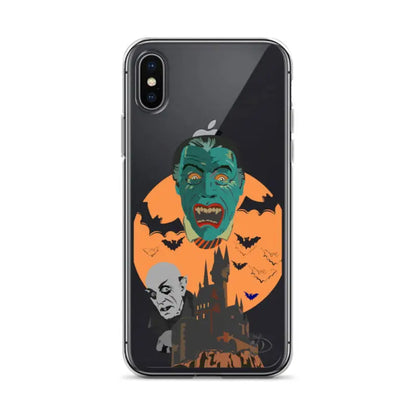 Halloween-themed clear case featuring a green monster face, bats, and an orange moon