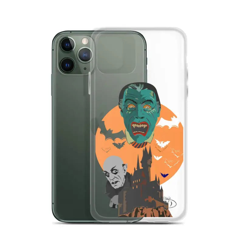 Clear case featuring vintage horror design with Halloween monsters, bats, and an orange moon