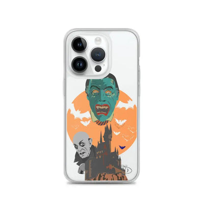 Clear case featuring vintage horror artwork with spooky monsters and bats against an orange moon