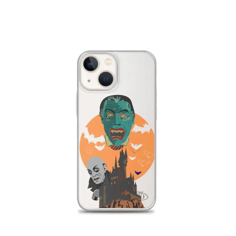 Clear case with vintage horror artwork featuring green monsters and an orange moon design