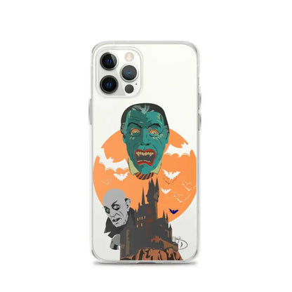 Clear case featuring vintage horror artwork of vampires, bats, and a spooky castle