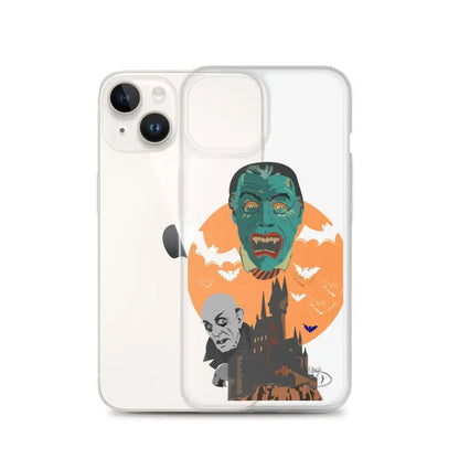 Clear case featuring Halloween-themed vintage horror with monsters, bats, and an orange moon