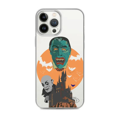 Clear case with vintage horror artwork featuring bats and vampires against an orange moon