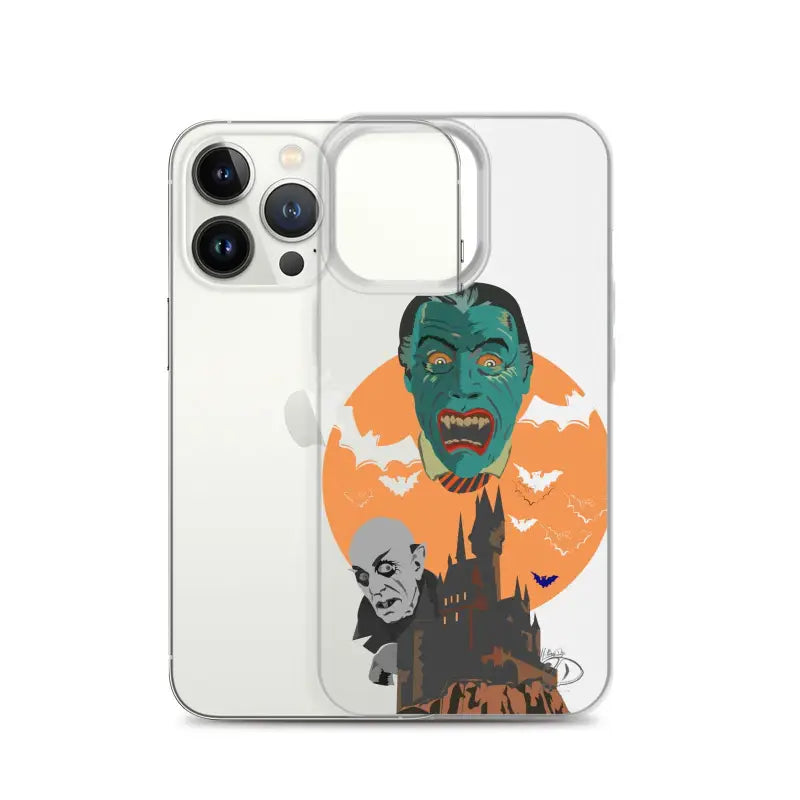 Clear case featuring vintage horror artwork of vampires and bats against an orange moon