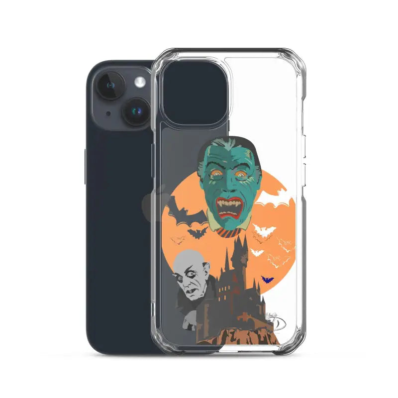 Clear case featuring vintage horror zombie design with bats and orange moon for iPhone