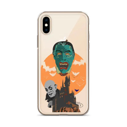 Clear case featuring vintage horror artwork with a green monster and spooky castle design