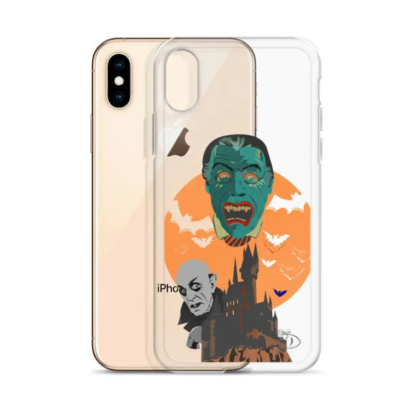 Clear iPhone case with vintage horror design featuring bats and haunted castle silhouette