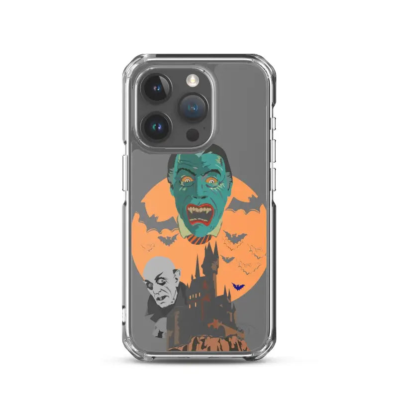 Clear case featuring vintage horror artwork of vampires, bats, and pumpkins for iPhone