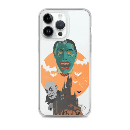 Clear case featuring vintage horror vampires design with bats and an orange moon