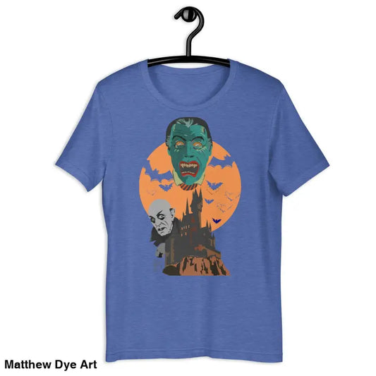 Blue t-shirt featuring Vintage Horror design by Matthew Dye Art with Halloween vampires