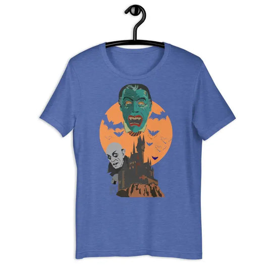 Blue t-shirt featuring Vintage Horror design by Matthew Dye Art with Halloween vampires