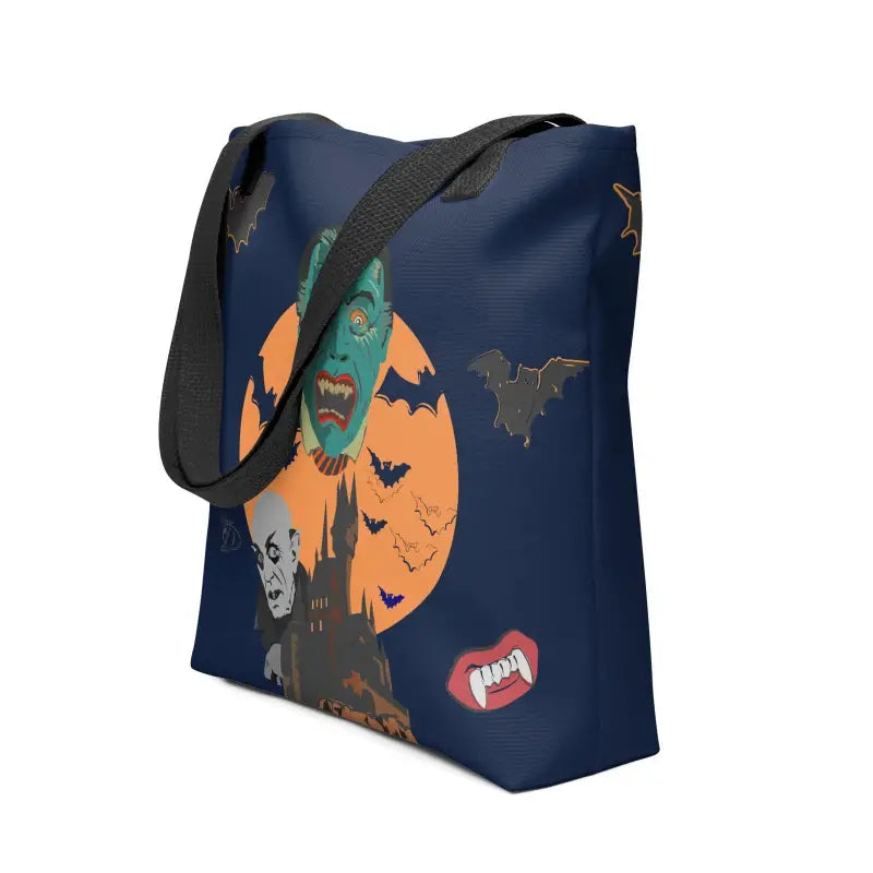 Navy blue Halloween tote bag featuring bats, a castle, and an orange moon for Night of the Vampires