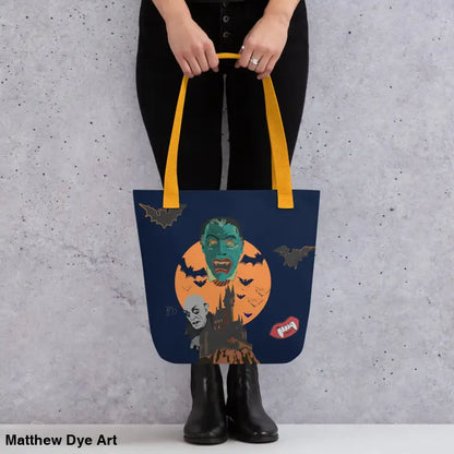 Halloween-themed Night of the Vampires trick or treat tote bag in retro horror design