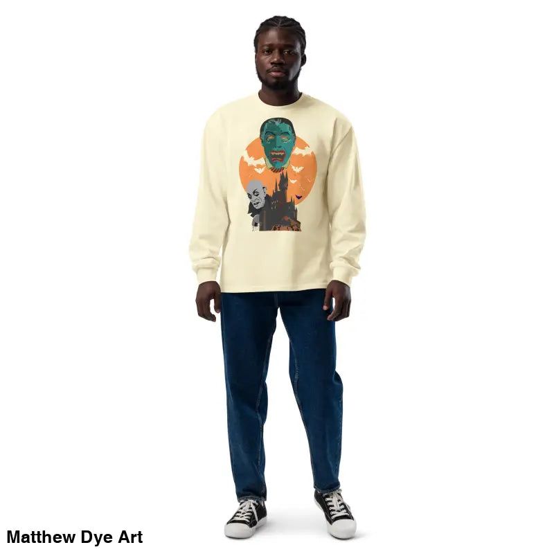 Man showcasing Night of the Vampires premium heavyweight long sleeve shirt with Matthew Dye art