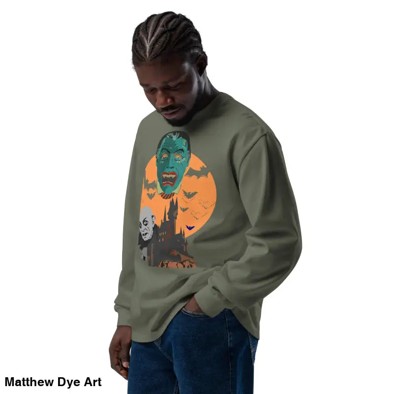 Olive green Halloween-themed heavyweight long sleeve featuring Matthew Dye art vampires design