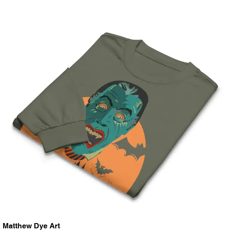 Folded heavyweight long sleeve shirt featuring Matthew Dye art of vampires graphic