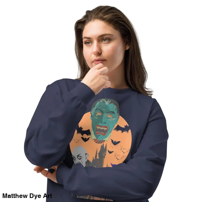 Navy blue Halloween sweatshirt from Night of the Vampires premium heavyweight long sleeve