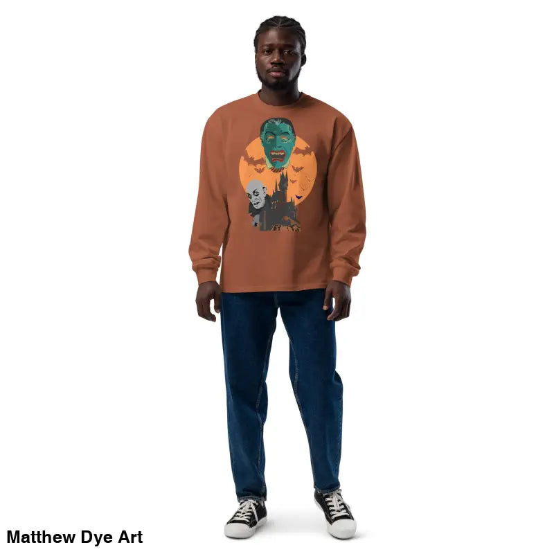 Man modeling Night of the Vampires premium heavyweight long sleeve shirt featuring Matthew Dye art