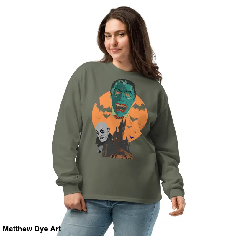 Olive green Night of the Vampires premium heavyweight long sleeve sweatshirt by Matthew Dye Art