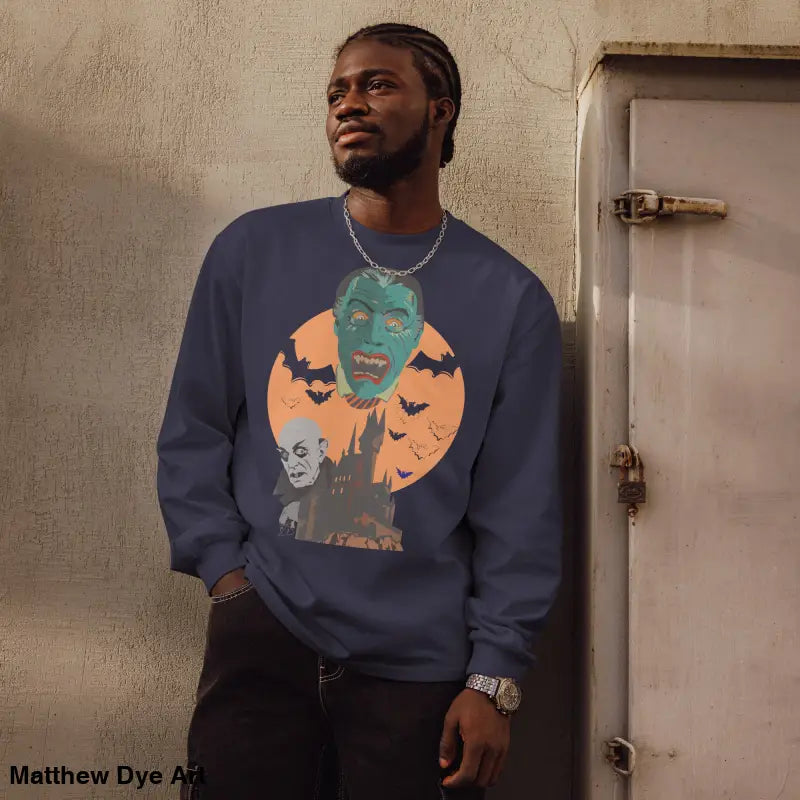 Halloween-themed sweatshirt featuring Matthew Dye art on a vampires premium heavyweight long sleeve