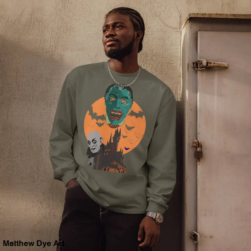 Halloween-themed heavyweight long sleeve shirt featuring Matthew Dye art of vampires