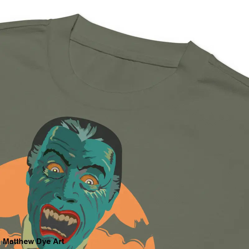 Olive green heavyweight long sleeve shirt featuring Matthew Dye art of vampires