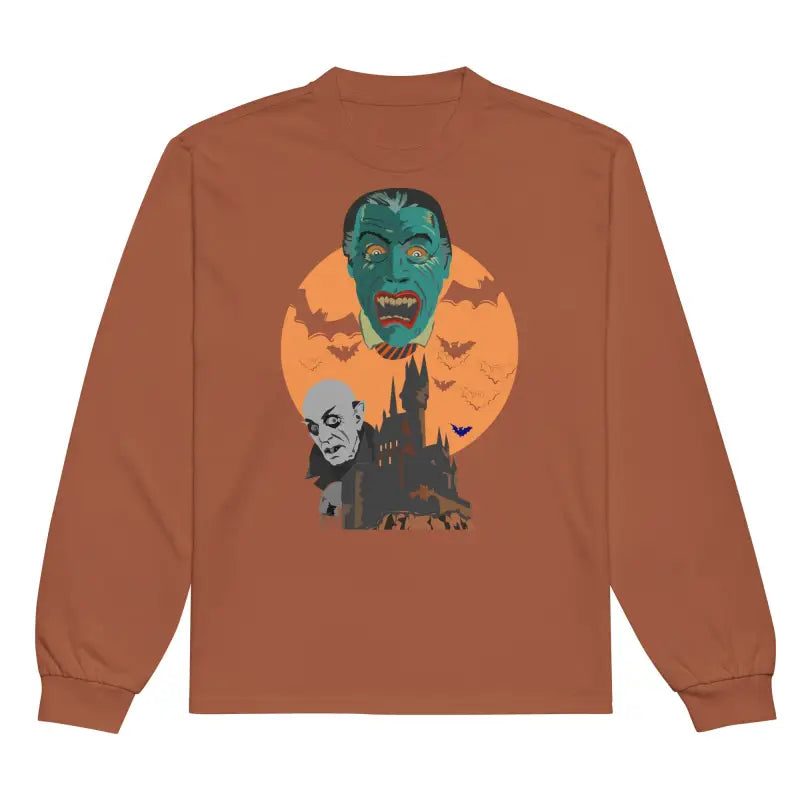 Brown heavyweight long sleeve shirt featuring Matthew Dye art monster graphic design