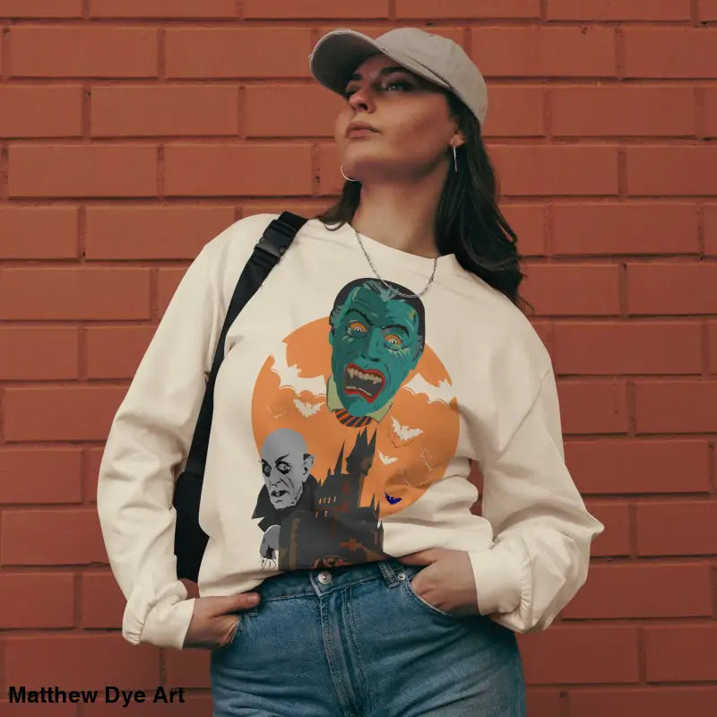 Woman in Dracula sweatshirt from Night of the Vampires Premium Heavyweight Long Sleeve