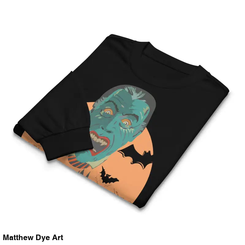 Folded black Halloween sweatshirt featuring Matthew Dye art from Vampires Premium Heavyweight