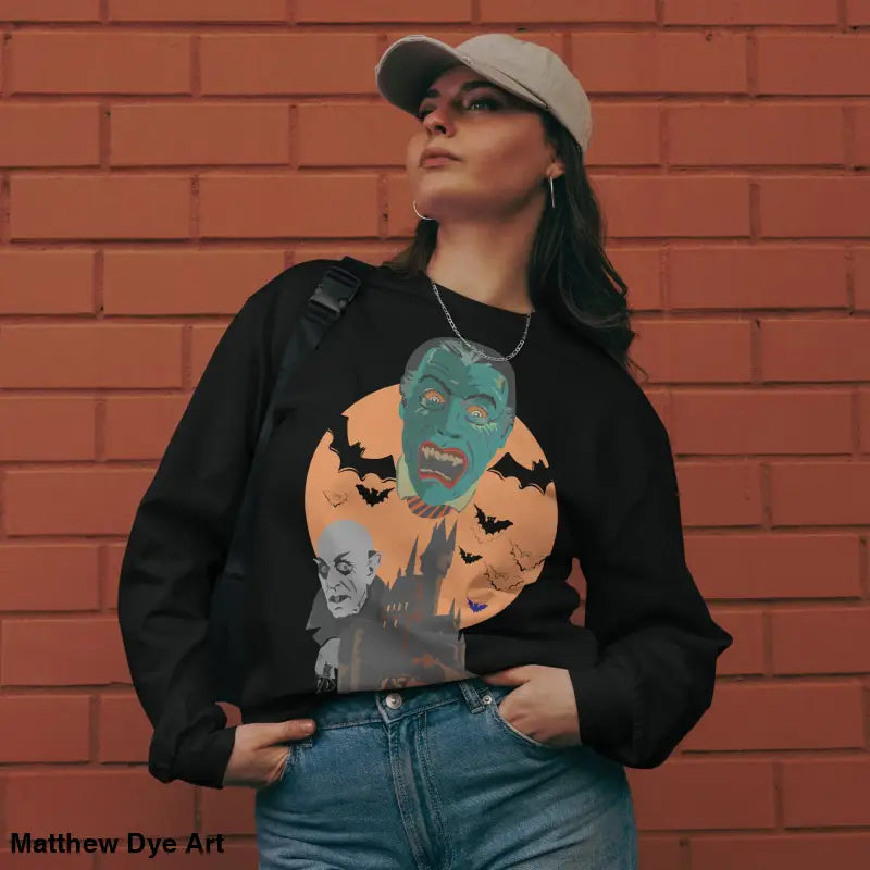 Black Halloween-themed heavyweight long sleeve shirt featuring Matthew Dye art of vampires