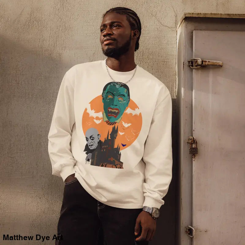 Heavyweight long sleeve Halloween shirt featuring Matthew Dye art of vampires
