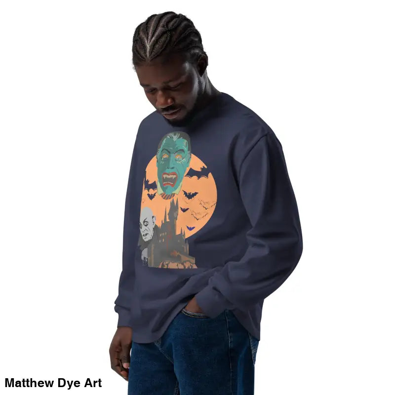 Halloween-themed navy blue sweatshirt featuring Matthew Dye art on a heavyweight long sleeve