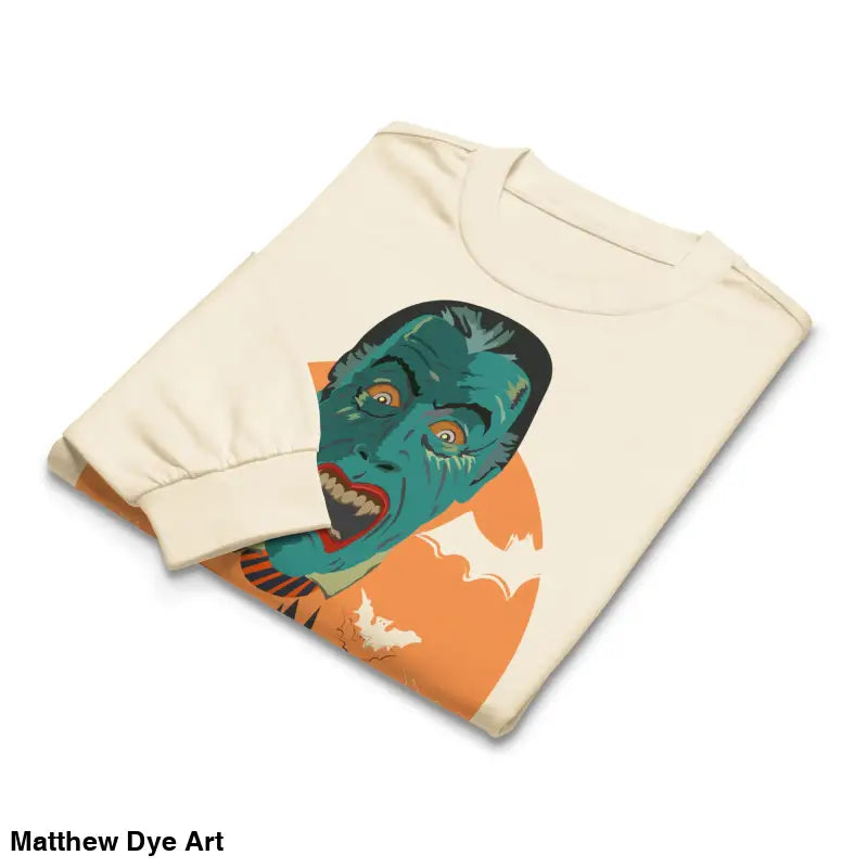 Folded off-white heavyweight long sleeve shirt featuring Matthew Dye art with vampire graphic