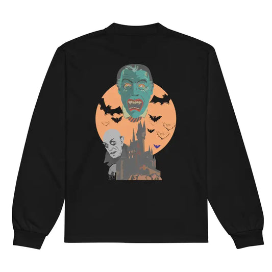 Black heavyweight long sleeve shirt featuring Matthew Dye art of vampires graphic