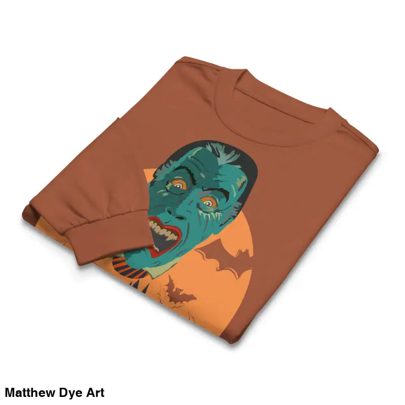 Folded brown Night of the Vampires heavyweight long sleeve sweatshirt featuring Matthew Dye art