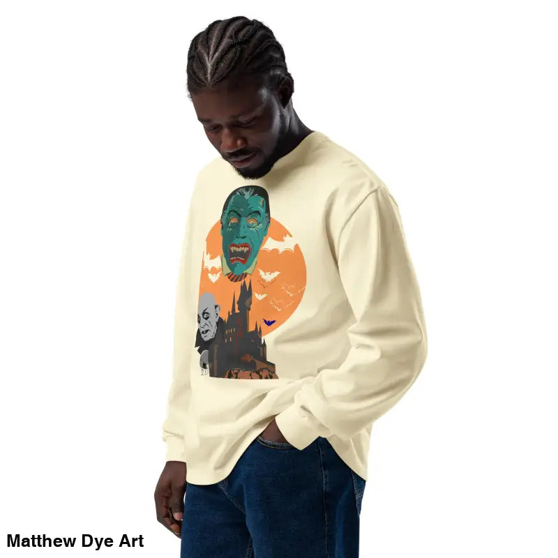 Beige heavyweight long sleeve shirt featuring Matthew Dye art of vampires design