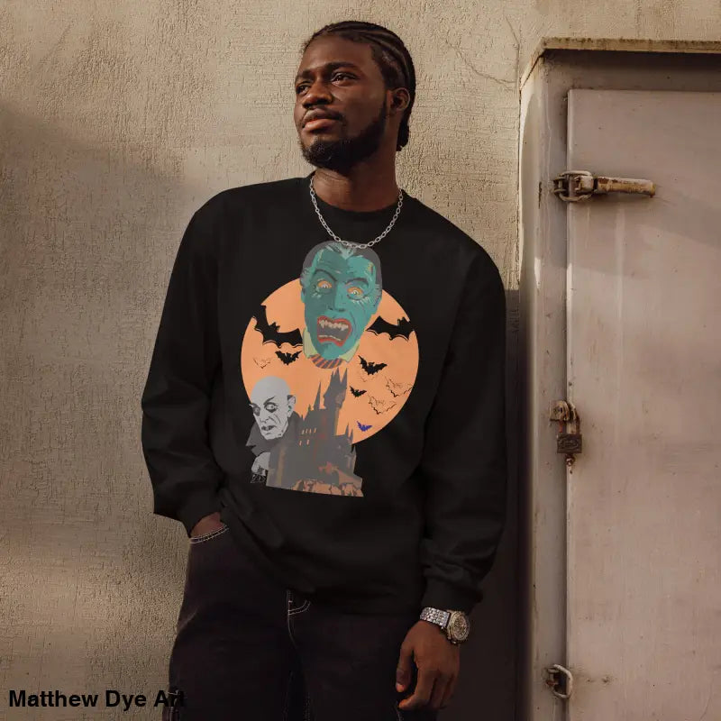 Black heavyweight long sleeve shirt featuring Matthew Dye art for Halloween vampires theme