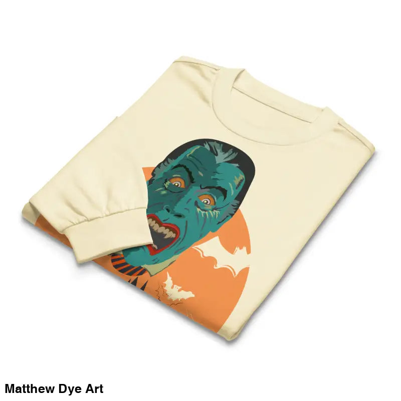 Folded heavyweight long sleeve shirt featuring Matthew Dye art with vampire graphic