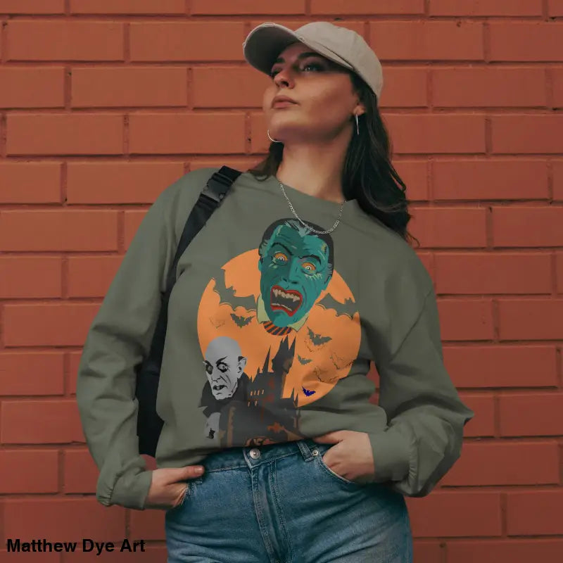 Woman in monster-themed sweatshirt from Night of the Vampires heavyweight long sleeve