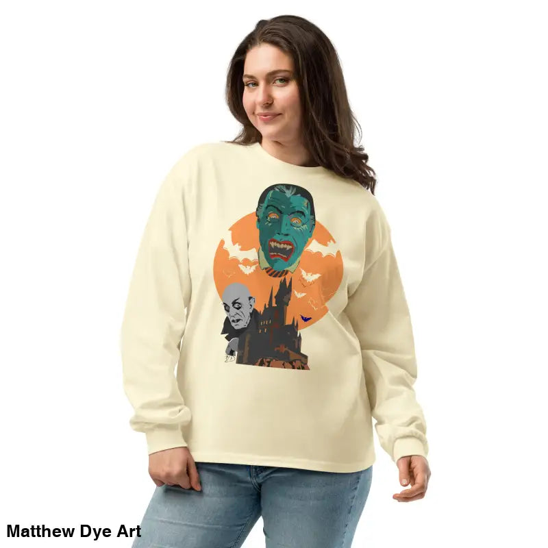 Beige heavyweight long sleeve shirt featuring Matthew Dye art with monster graphic