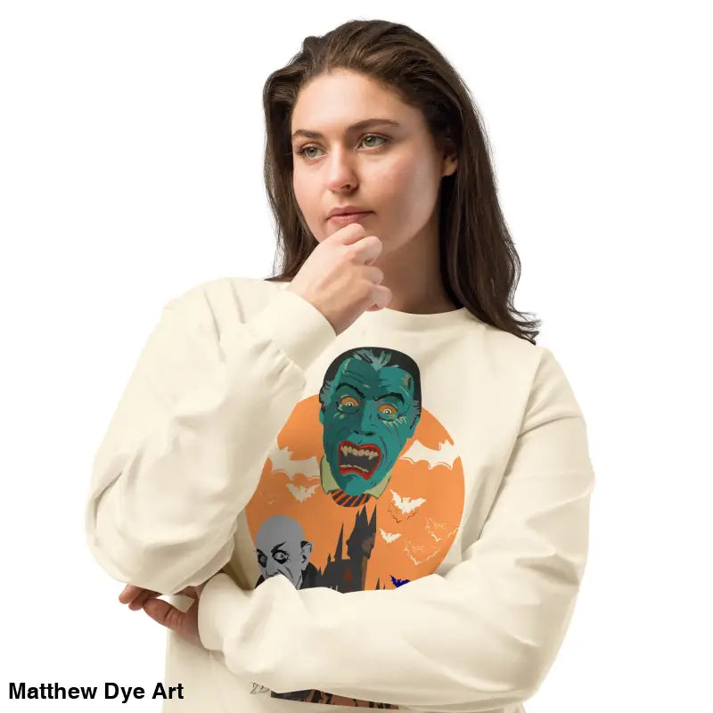 Woman wearing Night of the Vampires Premium Heavyweight Long Sleeve Shirt featuring Matthew Dye art