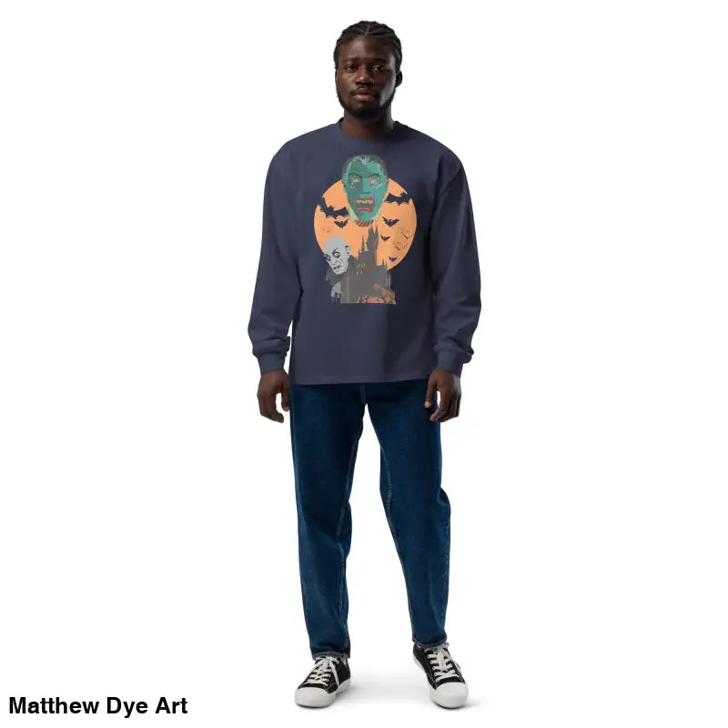 Man in a Halloween sweatshirt from Night of the Vampires premium heavyweight long sleeve