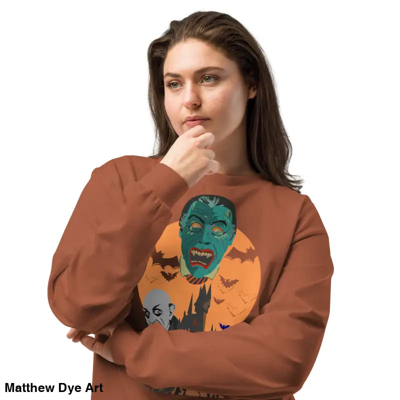 Brown heavyweight long sleeve sweatshirt featuring Matthew Dye art of vampires graphic